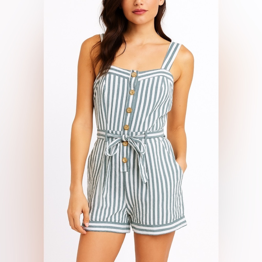 Cartonnier green and white seersucker striped shorts romper - Picture 9 of 9